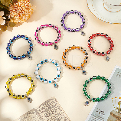 6Pcs 6 Colors Evil Eye Resin Beaded Stretch Bracelets Set with Hamsa Hand Charms BJEW-AN0001-66-1