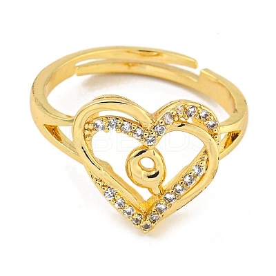 Heart with Letter Rack Plating Brass Micro Pave Clear Cubic Zirconia Adjustable Rings for Women RJEW-I105-01G-Q-1