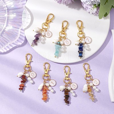 Natural & Synthetic Gemstone Chip & Flat Round with Number 0~9 Alloy Enamel Pendant Decorations HJEW-JM02358-1