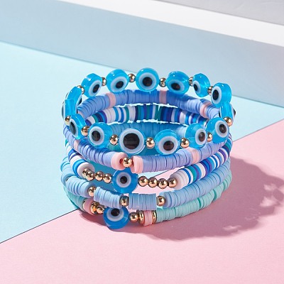 5Pcs 5 Style Polymer Clay Heishi Beaded Stretch Bracelets Set BJEW-JB07540-02-1