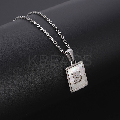 Rectangle Stainless Steel Pave Natural White Shell Pendant Necklaces FS-WG3D812-02-1