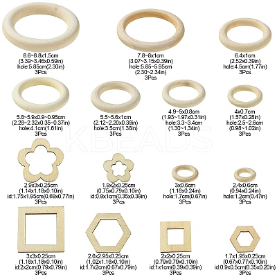 45Pcs 15 Styles Unfinished Wood Linking Rings WOOD-YW0001-15-1