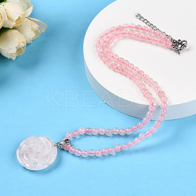 Natural Rose Quartz 4.5mm Round Beaded Flower Pendant Necklaces NJEW-T016-04O-1