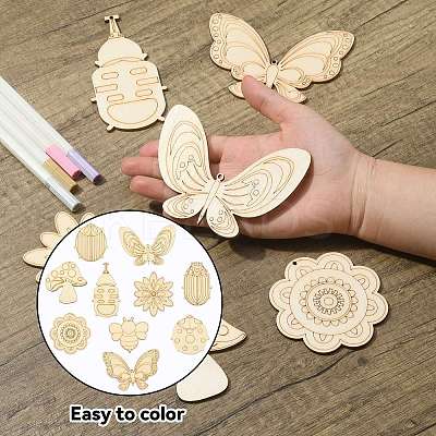 60Pcs 10 Style Spring theme Butterfly/Ladybird/Flower Unfinished Wood Pieces DIY-CJC0012-01-1