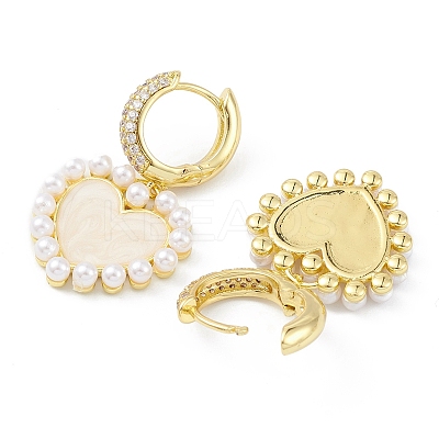 Heart Rack Plating Brass Cubic Zirconia Hoop Earrings with Plastic Pearl Beads EJEW-K245-06G-1
