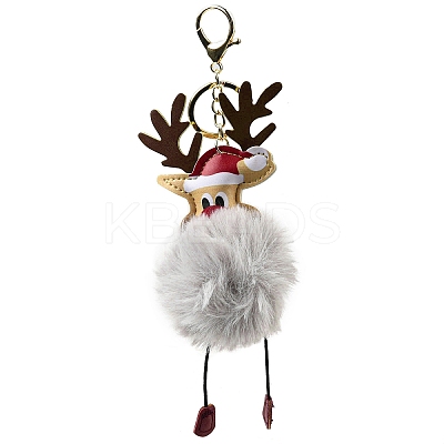 Imitation Rex Rabbit Fur & PU Leather Christmas Reindeer Pendant Keychain KEYC-K018-03KCG-01-1