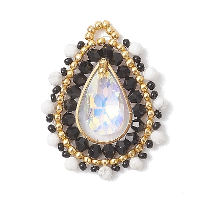 3Pcs 3 Colors Natural Howlite & Dyed Magnesite & Tiger Eye Faceted Round and Glass Seed Beaded Pendants PALLOY-MZ01218-1