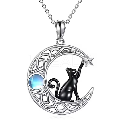Black Cat Moonstone Brass Necklace Black Cat on the Moon Pendant Necklaces JN1112A-1