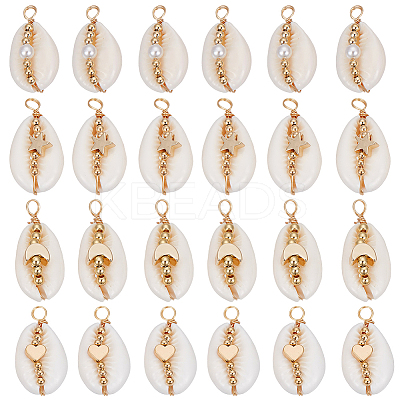 24Pcs 4 Styles Natural Cowrie Shell Copper Wire Wrapped Pendants FIND-SC0014-23-1