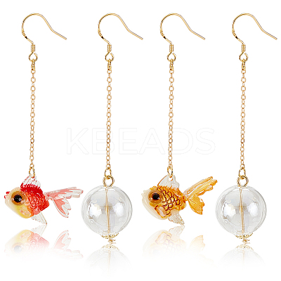 2 Pairs 2 Colors Resin Fish & Glass Ball Asymmetrical Earrings EJEW-AN0002-32-1
