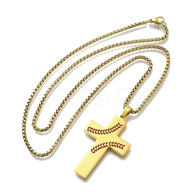 201 Stainless Steel Wheat Cross Pendant Box Chain Necklaces for Women Men NJEW-B124-01G-1