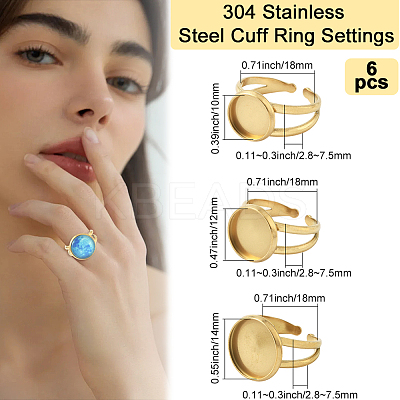 6Pcs 3 Styles 304 Stainless Steel Cuff Ring Settings STAS-BBC0008-14G-1