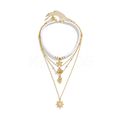 Summer Beach Alloy & White Polymer Clay Heishi Beads Starfish Shell Sun Pendant Multi Layered Necklaces for Women FS-WG8B7EE-01-1