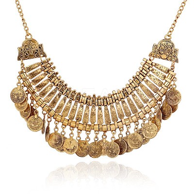 Tibetan Style Alloy Turkish Coin Tassel Chunky Bib Necklaces for Women FS-WG4760A-02-1