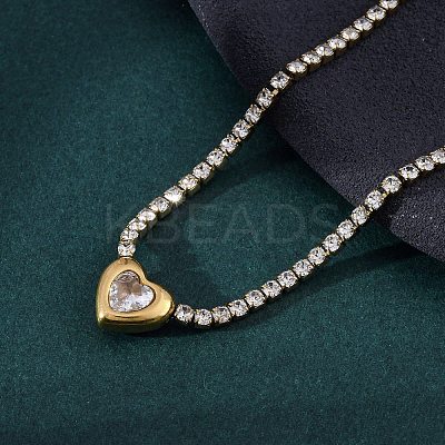 304 Stainless Steel Clear Cubic Zirconia Heart Pendant Necklaces for Women NJEW-Z044-15G-02-1