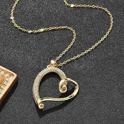 Brass Micro Pave Clear Cubic Zirconia Heart Pendant Necklaces for Women NJEW-R027-01G-02-1