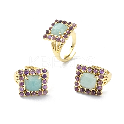 Natural Amazonite & Amethyst Rectangle Adjustable Ring RJEW-B030-01B-02-1
