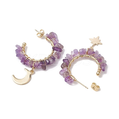 Moon & Star Natural Mixed Gemstone Chip Dangle Half Hoop Earrings EJEW-JE05900-1