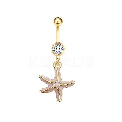 304 Stainless Steel Pave Clear Cubic Zirconia Enamel Starfish Curved Barbell Dangle Belly Rings FS-WG01A3A-05-1