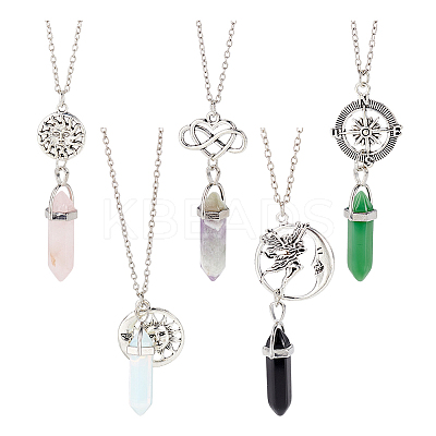 5Pcs 5 Style Glass Imitation Gemstone Bullet Pendant Necklaces Set NJEW-GA0001-04-1