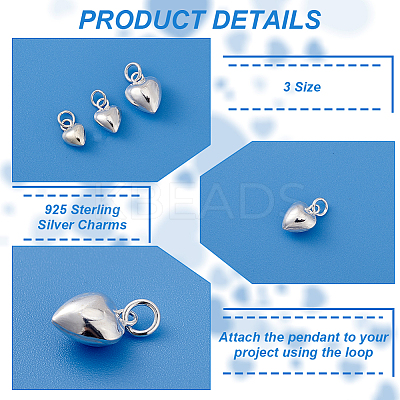 6Pcs 3 Styles 925 Sterling Silver Heart Charms with Jump Rings STER-PH0002-29-1