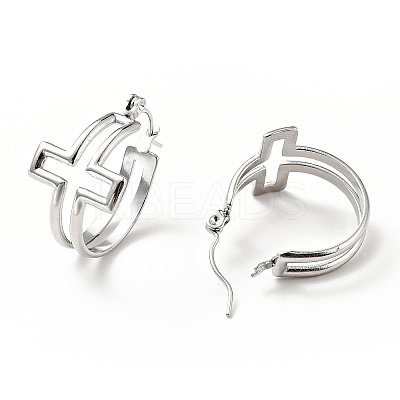 Non-Tarnish 304 Stainless Steel Cross Hoop Earrings for Women LS-EJEW-G293-02P-1