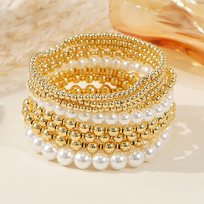 9Pcs Brass & Plastic Imitation Pearl Round Beads Stretch Bracelets for Women QZ7460-1-1