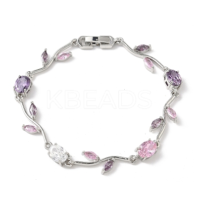 Brass Micro Pave Cubic Zirconia Oval & Leaf Link Chain Bracelets for Women BJEW-G764-05P-01-1