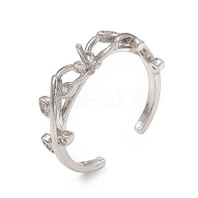 Branch Leaf Rack Plating Brass with Clear Cubic Zirconia Open Cuff Ring Settings KK-G455-12P-1