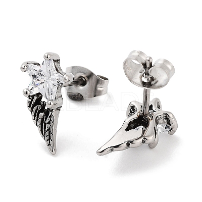 Star Wing 316 Surgical Stainless Steel Pave Clear Cubic Zirconia Stud Earrings for Women Men EJEW-Z050-01B-AS-1