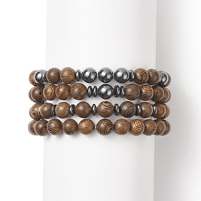 4Pcs 4 Style Natural Wenge Wood & Synthetic Hematite Beaded Stretch Bracelets Set for Women BJEW-JB09156-1