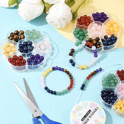 56Pcs 7 Styles Natural Green Aventurine & Lapis Lazuli & Rose Quartz & Carnelian & Tiger Eye &  Malaysia Jade & Yellow Jade Round Beads G-YW0002-61A-1