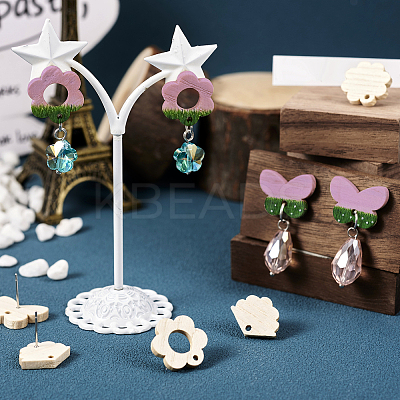 36Pcs 9 Styles Rectangle & Flower & Butterfly & Star Ash Wood Stud Earring Findings EJEW-TA0001-19-1