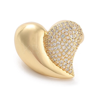 Brass Micro Pave Clear Cubic Zirconia Heart Open Cuff Ring for Women RJEW-C102-11G-1
