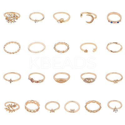 21Pcs 21 Styles Rectangle & Horse Eye & Teardrop & Leaf & Moon & Star & Heart Alloy Finger Rings RJEW-AN0001-15-1