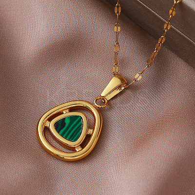 Vintage 304 Stainless Steel and Synthetic Malachite Triangle Pendant Necklaces for Women NT2784-1