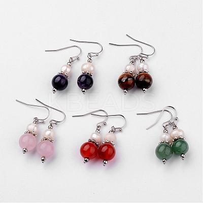 Natural Round Gemstone Beads Dangle Earrings EJEW-JE02131-1