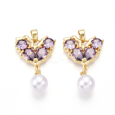 Brass Micro Pave Cubic Zirconia & ABS Imitation Pearl Pendants KK-T070-66A-1