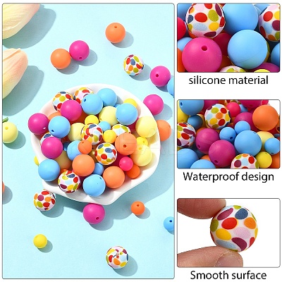 90Pcs 9 Styles Round Silicone Focal Beads SIL-YW0001-77-1