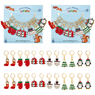 Alloy Enamel Tree & Gifts Box & Penguin & Snowman & Stocking & Glove Pendant Locking Stitch Markers HJEW-AB00066-1
