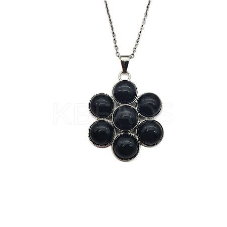 Natural Black Agate Flower Pendant Necklace FO7861-6-1