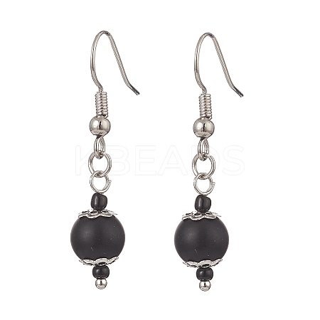 Synthetic Black Stone & Glass Round Beaded Dangle Earrings EJEW-JE05163-1