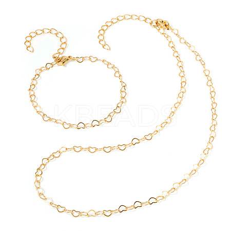 Brass Heart Link Chain Bracelet & Necklace with 304 Stainless Steel Lobster Claw Clasps SJEW-TA0001-03-1