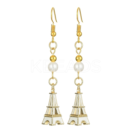 Alloy Enamel Eiffel Tower Dangle Earrings with Imitation Pearl Beaded EJEW-JE05422-03-1