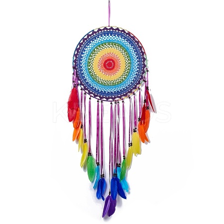 Native Style Iron Ring Woven Net/Web with Feather Wall Hanging Decoration HJEW-A001-09-1