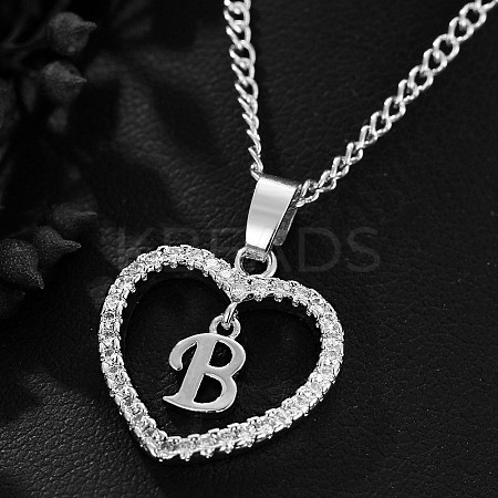 Brass Micro Pave Clear Cubic Zirconia Hollow Heart with Initial Pendant Necklaces WG4069A-07-1