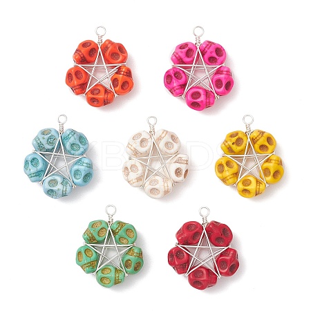 7Pcs 7 Colors Halloween Dyed Synthetic Turquoise Skull Beaded Pendants PALLOY-TA00297-1