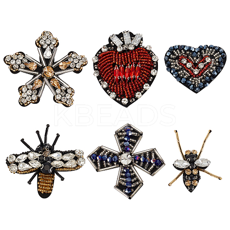6Pcs 6 Style Bees Flower Heart Handicraft Acrylic Beaded Appliques PATC-GO0001-07-1