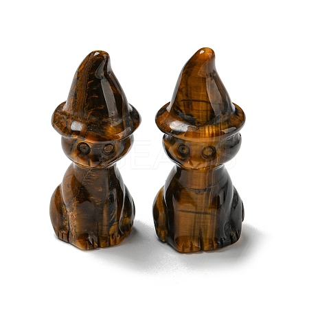 Natural Tiger Eye Carved Healing Cat with Witch Hat Figurines DJEW-D012-07B-1