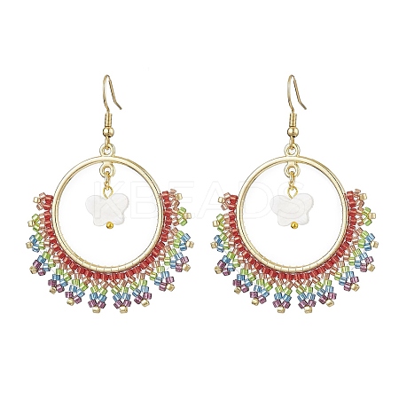 Butterfly & Ring Freshwater Shell & Glass Seed Beads Dangle Earrings EJEW-MZ00163-1